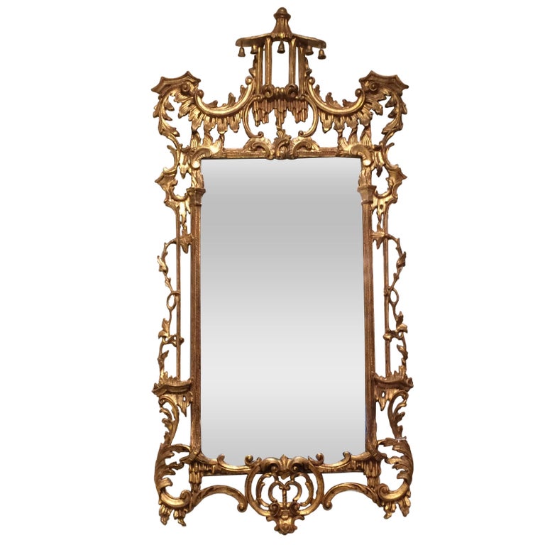 Finely Carved Chinoiserie Pagoda Wall Mirror with Dragons For Sale at