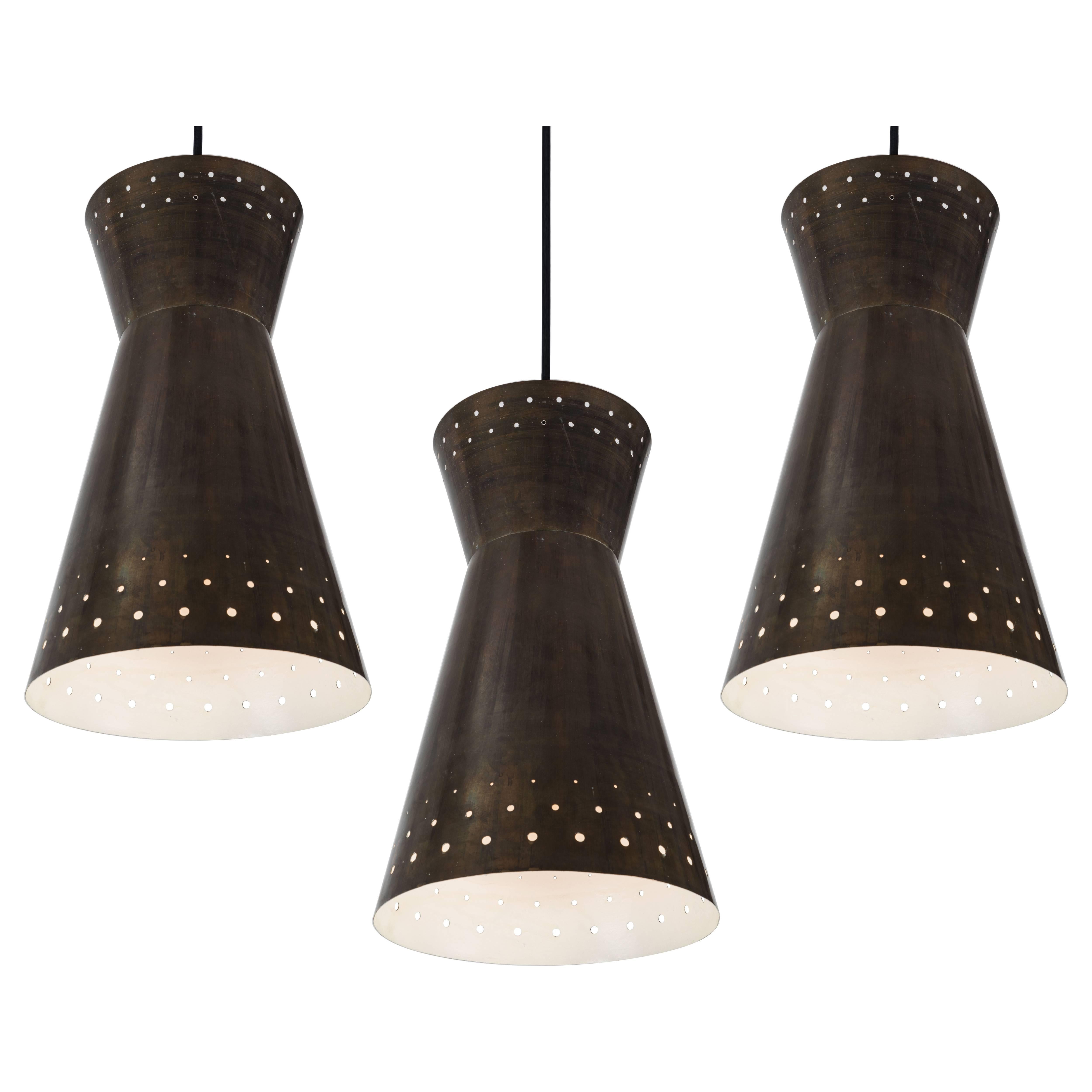 Large 1950s Italian Perforated Brass Double-Cone Pendants