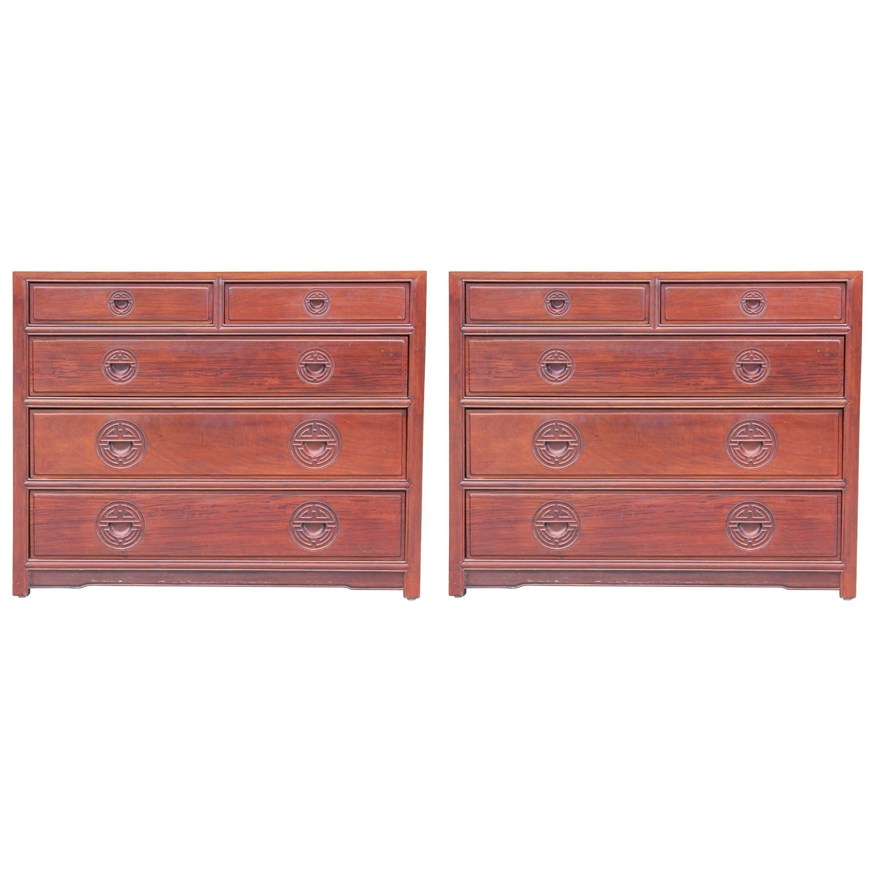 Matching Pair of Modern Chinoiserie Asian / Oriental Mahogany Bachelor Chests