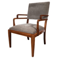 American Art Deco Streamlined Occasional Chair in Walnut and Dove Grey Mohair