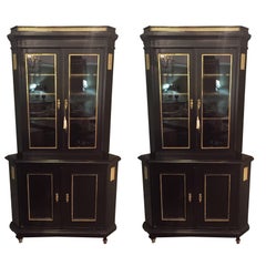 Antique Pair of Fine Bronze-Mounted Maison Jansen Style Corner Cupboard/Display Cabinets