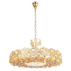Palwa Crystal Glass Gold Brass Chandelier Refurbished Lamp, 1960 