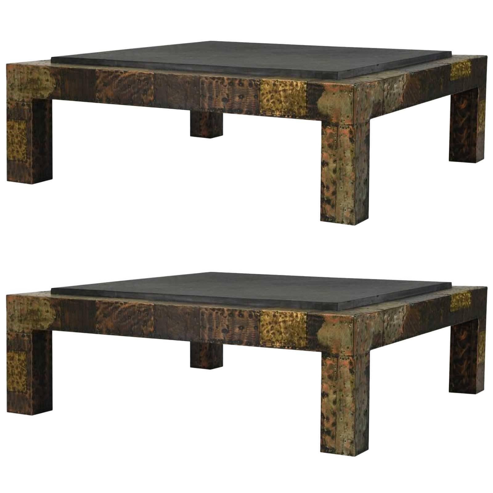 Pair of Paul Evans for Directional Brutalist Patchwork Metal Large Coffee Tables