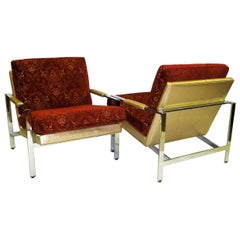 Pair of 1960s Milo Baughman Lounge Chairs for Thayer Coggin Gold Red and Chrome