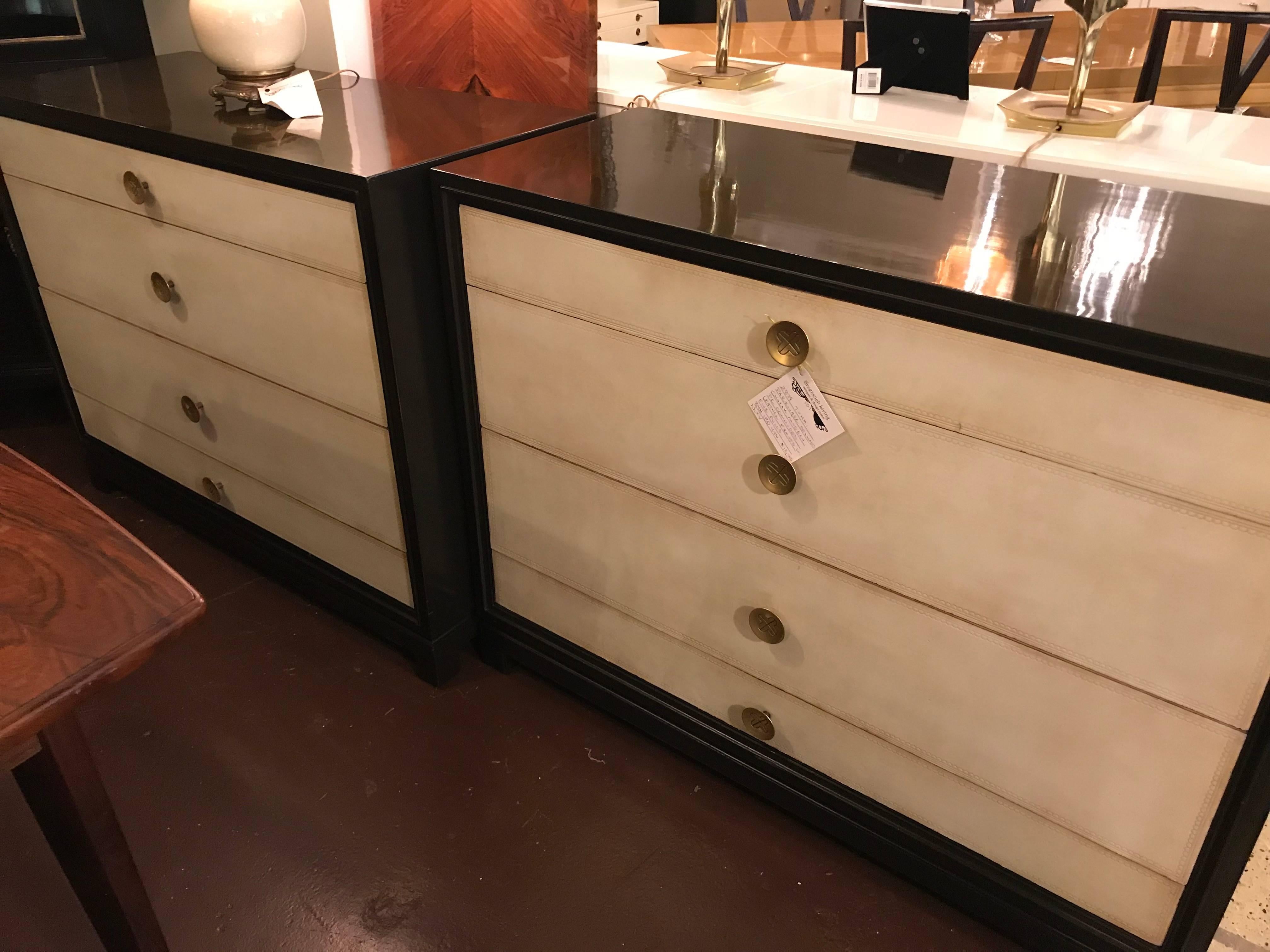 Pair of Tommi Parzinger Leather Front Dressers Commodes Stamped Charak Modern In Good Condition In Stamford, CT
