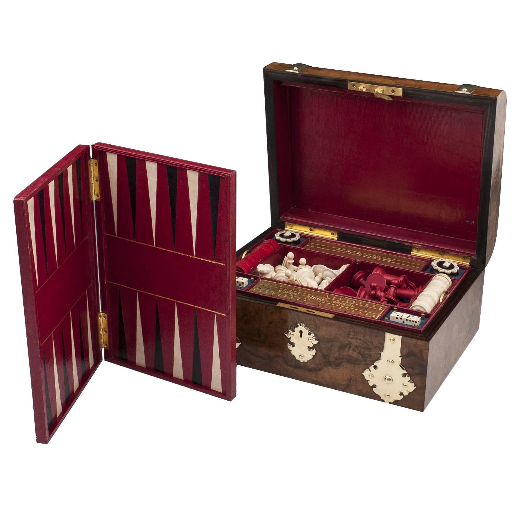 Antique Backgammon Chess Games Compendium Poker Box with Ornate Brasswork For Sale