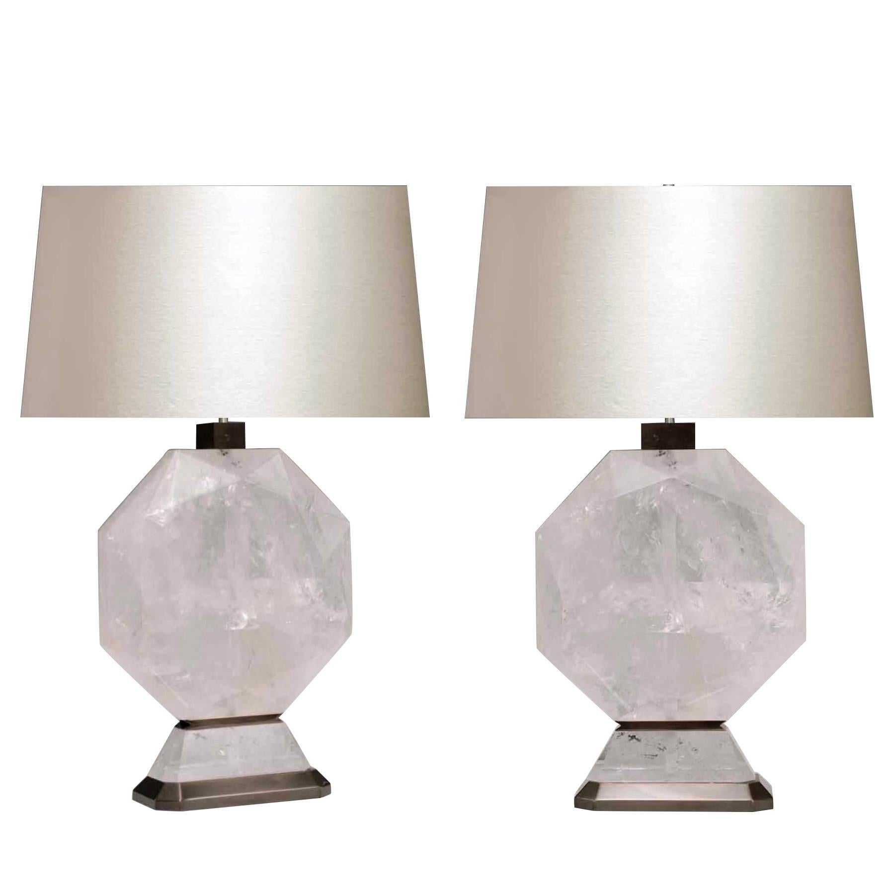 Pair of Octagon Form Rock Crystal Quartz Lamps