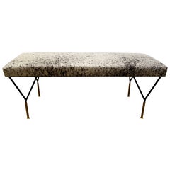 Italian Mid-Century Style Metal and Brass Bench in Black and White Cowhide
