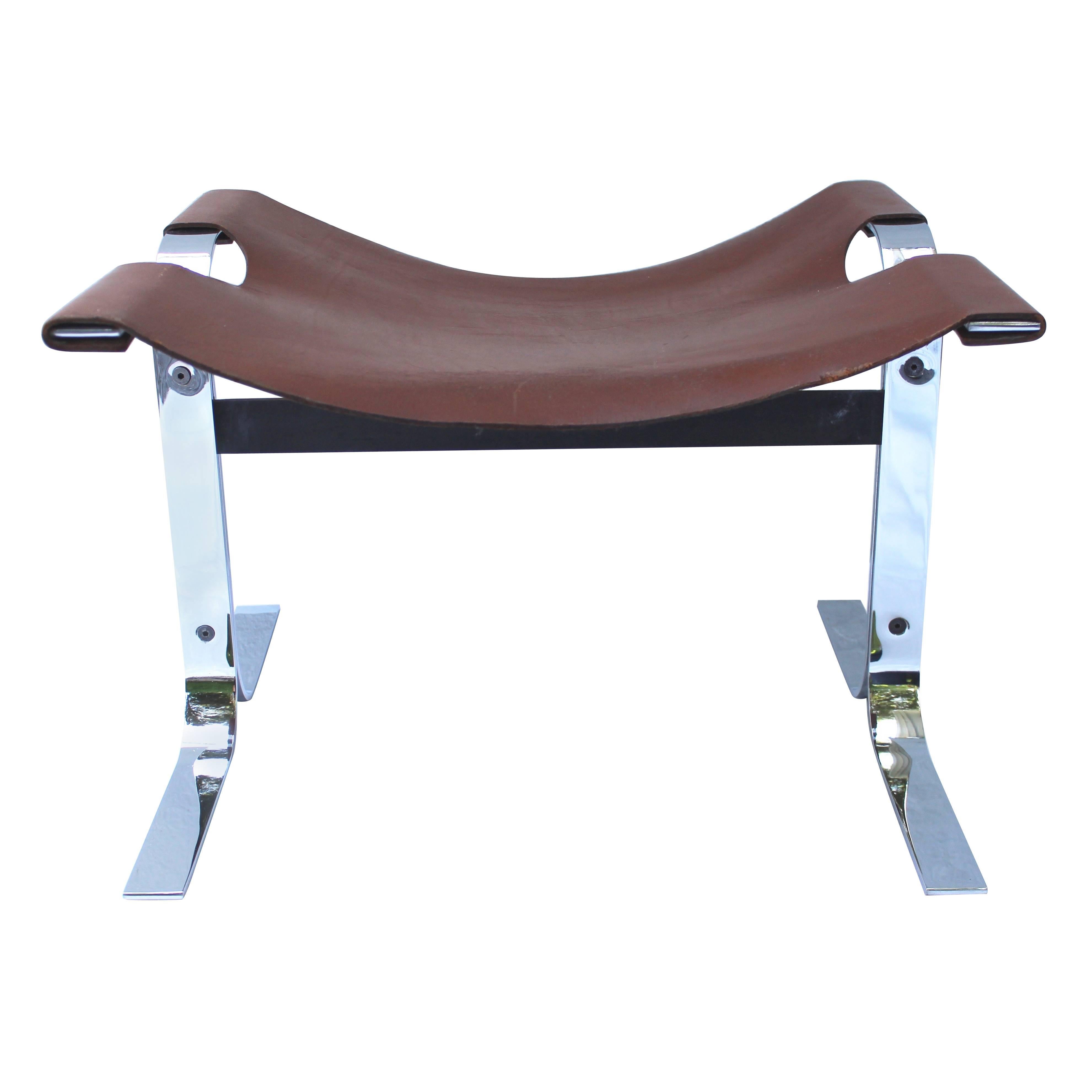 Modern Leather and Steel Sling Stool or Bench