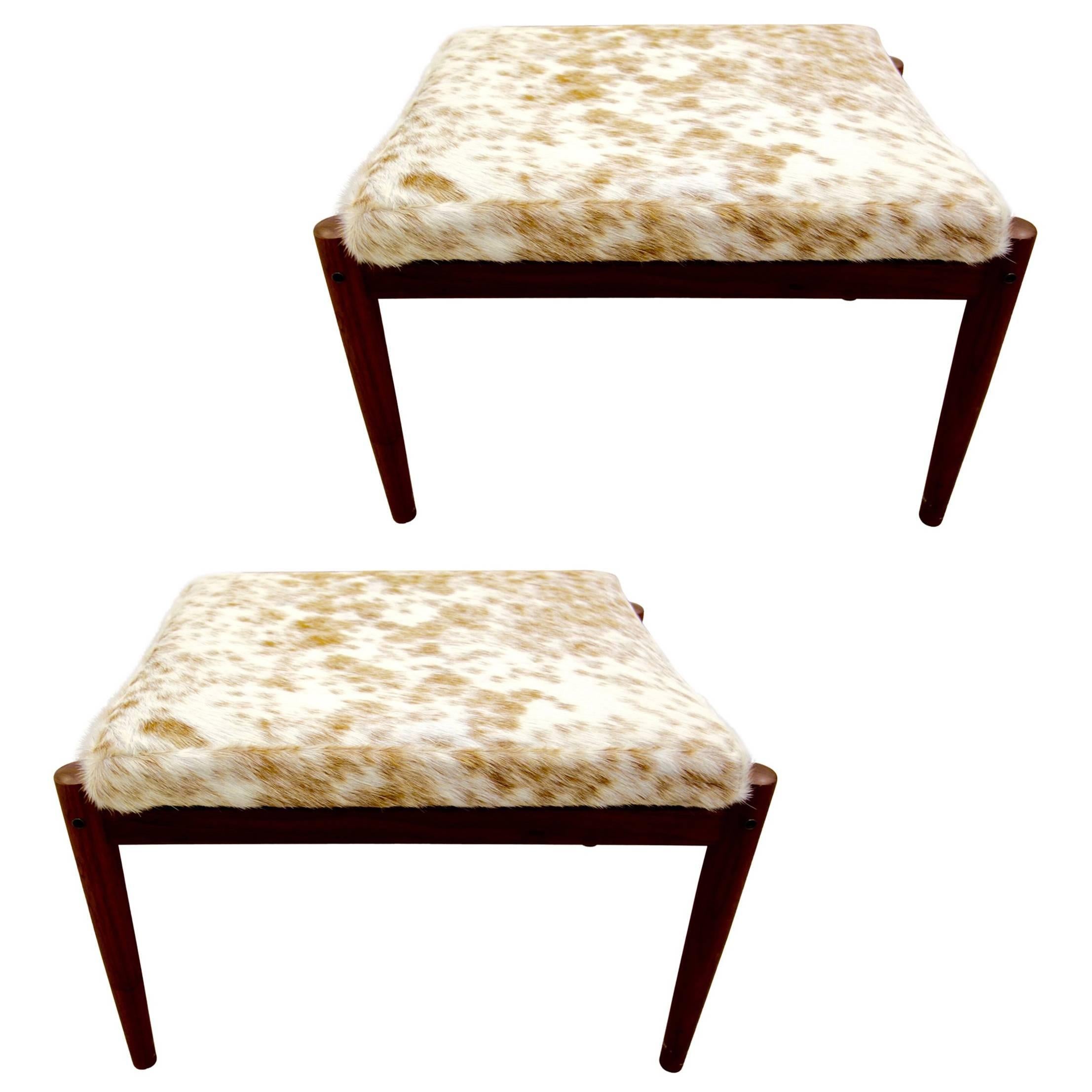 Pair Of Borge Jensen Danish Ottomans in Brown and White Cowhide For Sale