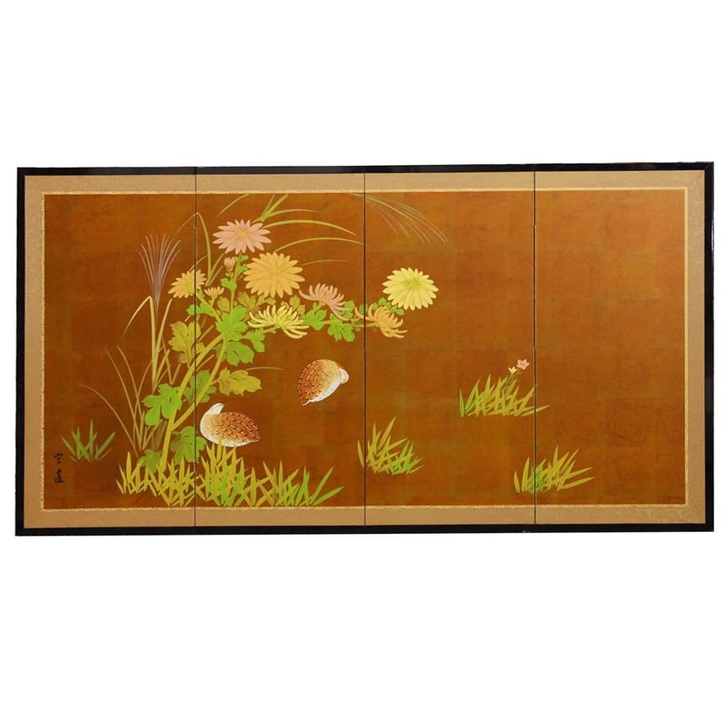 Japanese Four-Panel Byobu Screen of Quail and Flowers