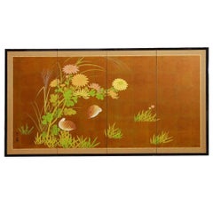 Vintage Japanese Four-Panel Byobu Screen of Quail and Flowers