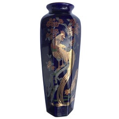 Vintage Japan Brilliant Gold Hand-Stencilled and Painted Blue Bird Vase, Mint