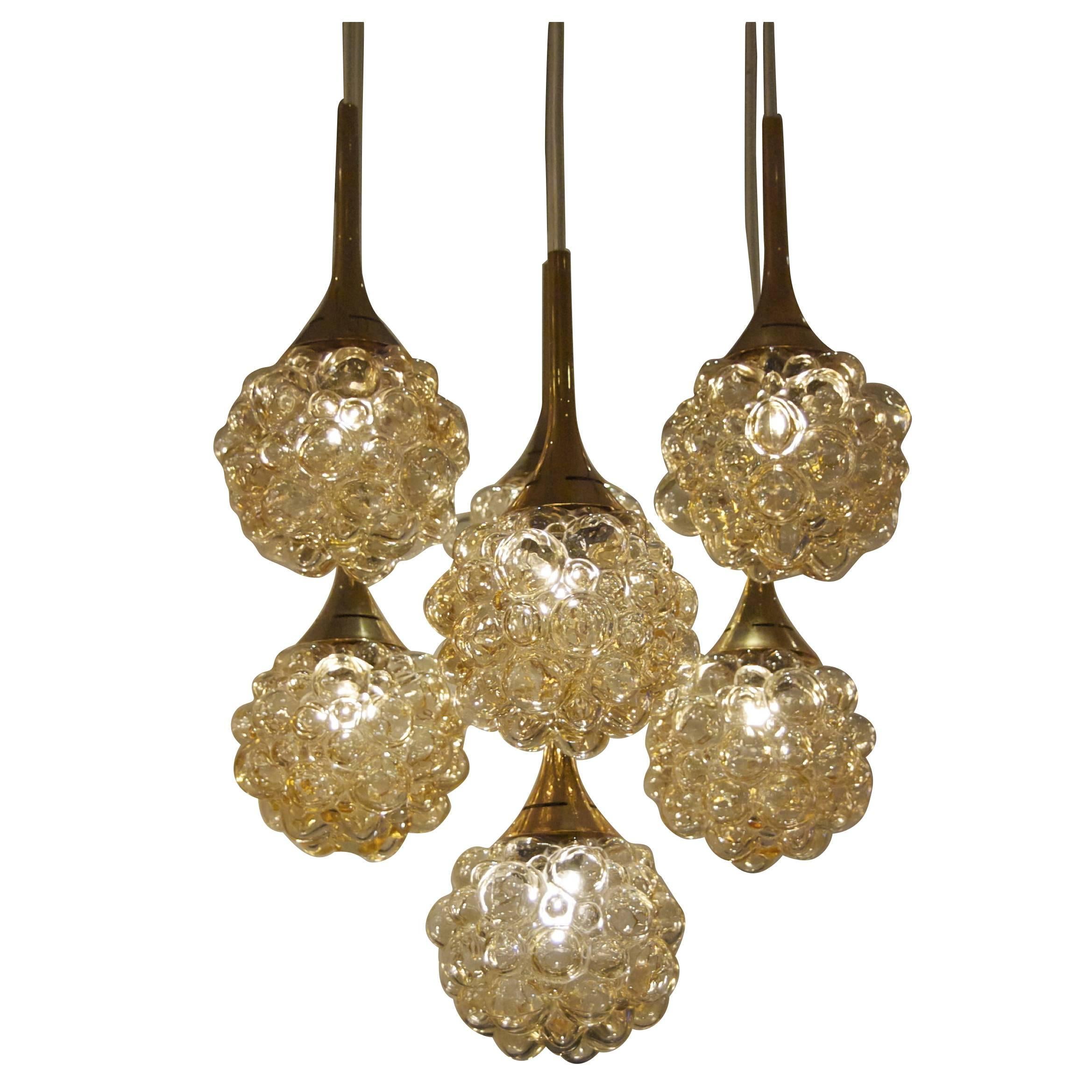 Amber-Tone Bubble Pendant Chandelier with Brass Accents For Sale