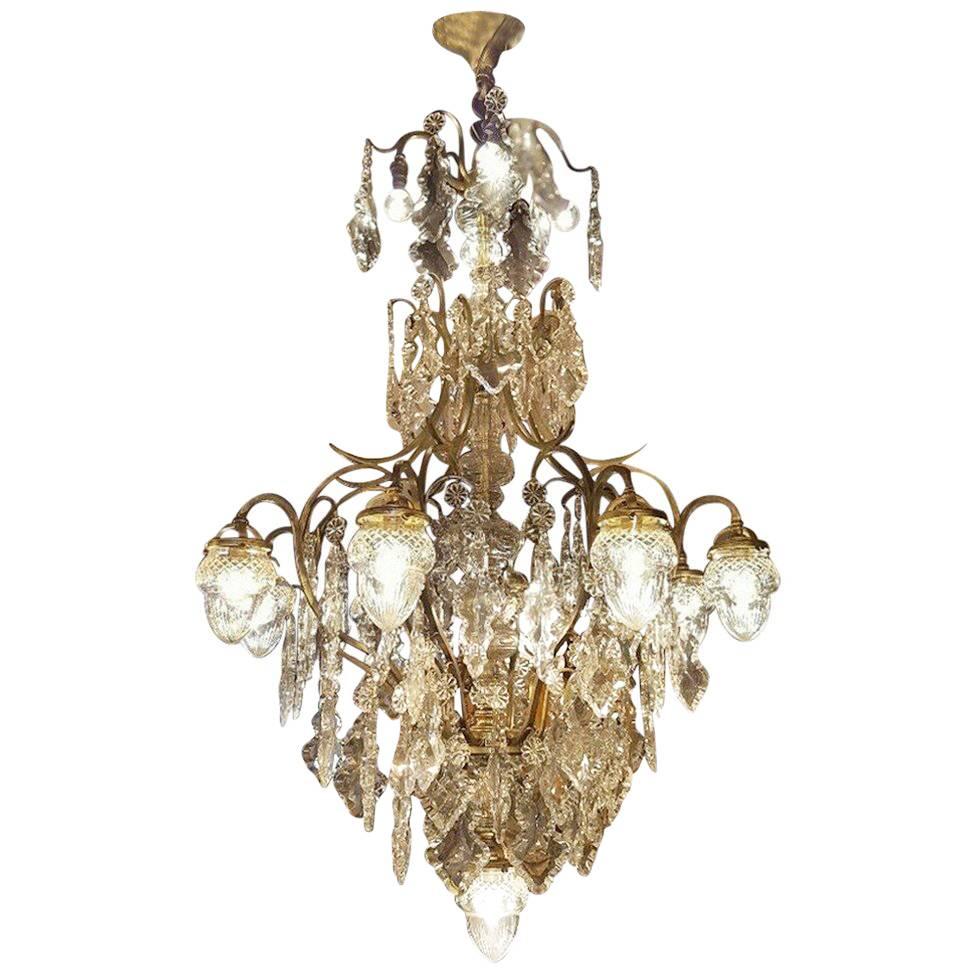 Large French Chandelier with 13 Lights and Beautiful Glass Shades, Early 1900 For Sale