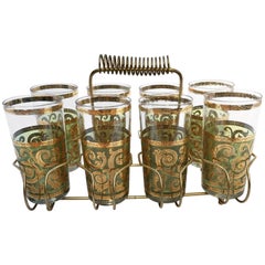Vintage Set of Eight Culver Toledo Drink Set with Brass Cart