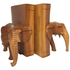 Vintage Hand-Carved Wood Elephant Bookends