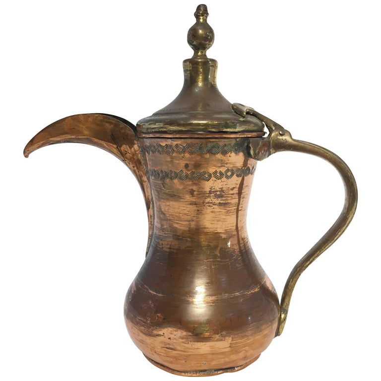 Middle Eastern Antique Dallah Arabic Copper Coffee Pot For Sale at 1stDibs