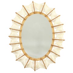 1960s French Mid-Century Modern Woven Wicker Wood Oval Mirror