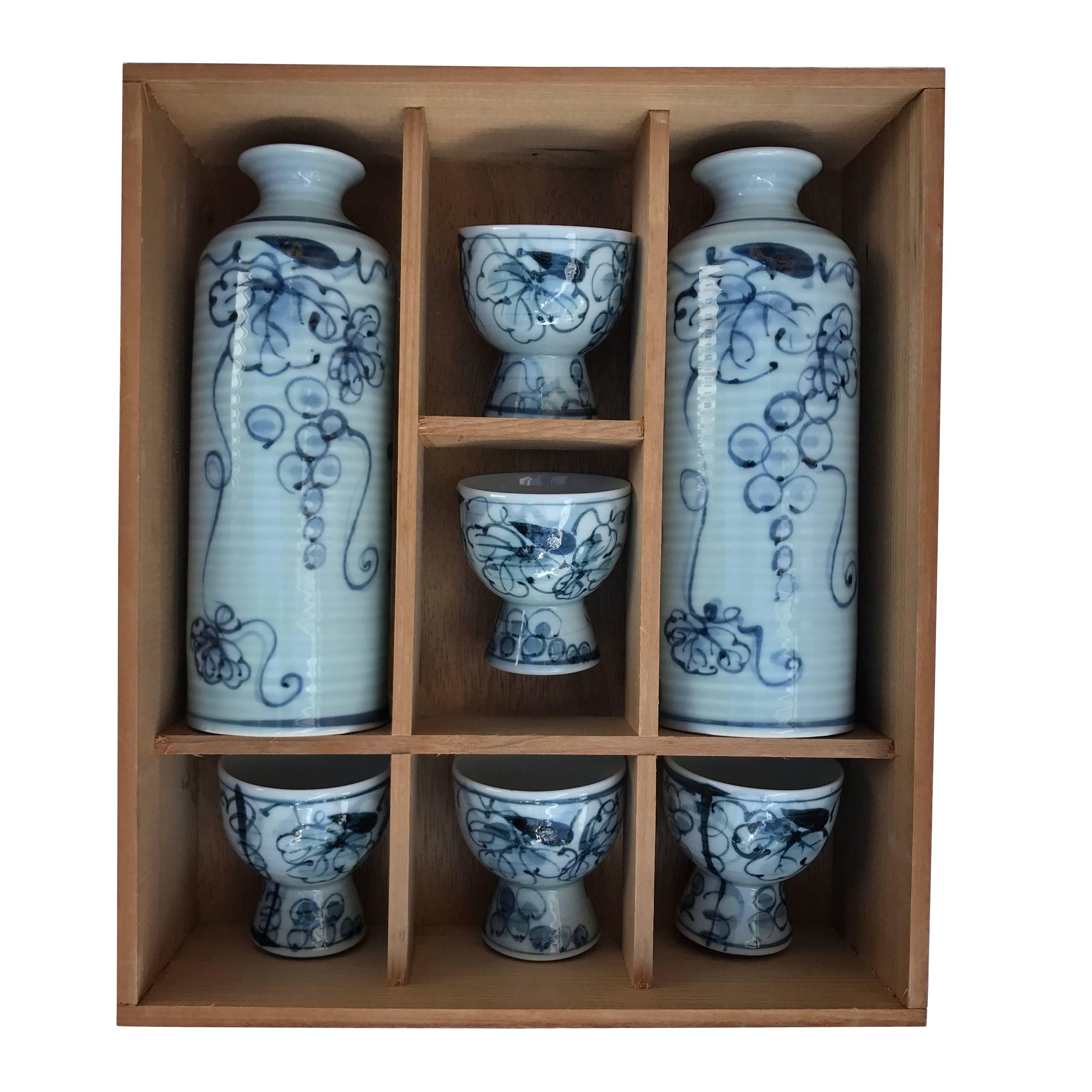 Authentic Old Japanese Blue & White Sake Service for Five  Mint, Signed & Boxed