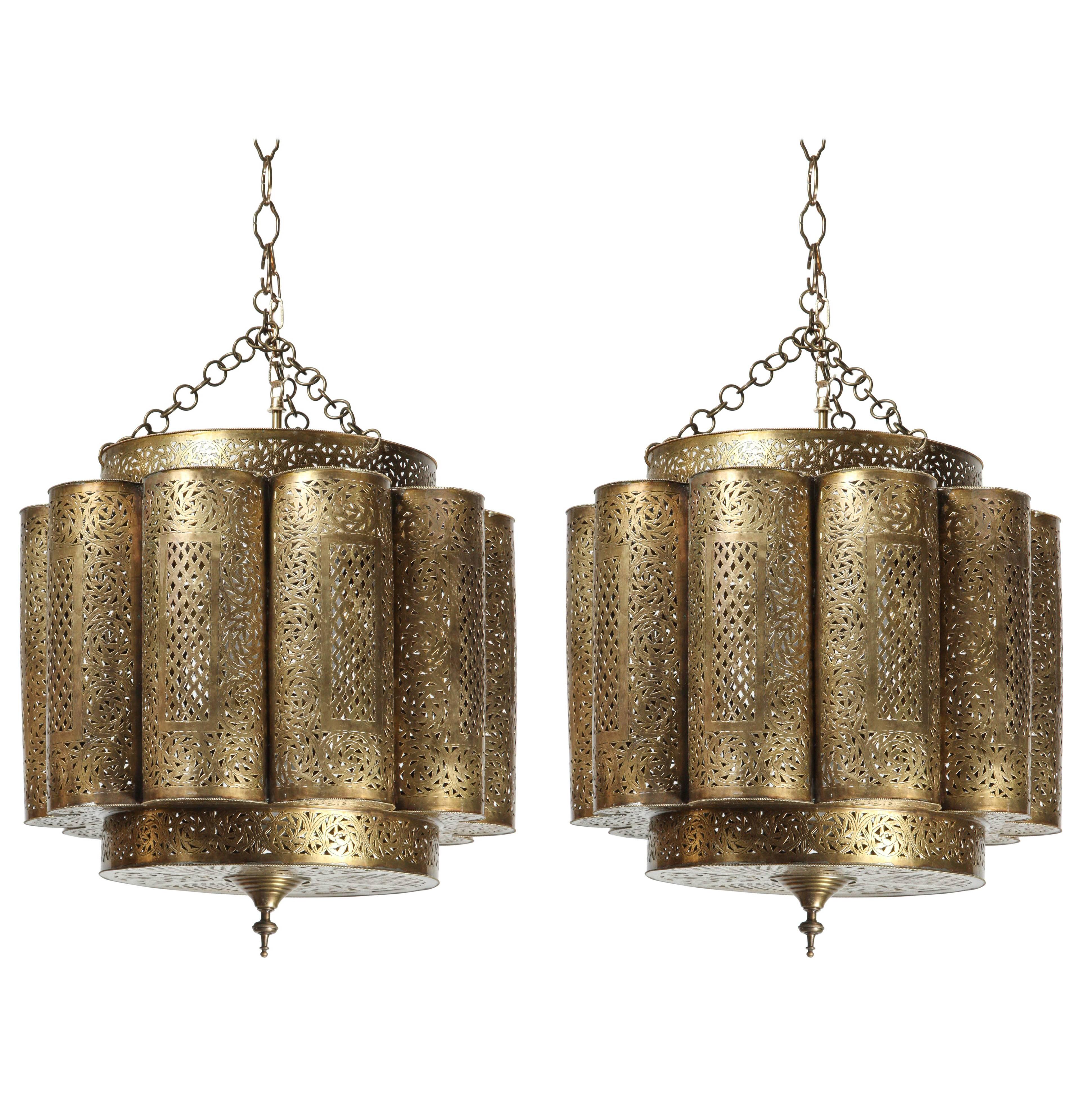 Large Pair of Pierced Brass Moroccan Chandelier in Alberto Pinto Style