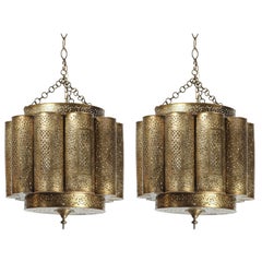 Large Pair of Pierced Brass Moroccan Chandelier in Alberto Pinto Style