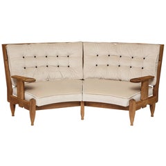 Guillereme et Chambron Oak Loveseat Geometric Pattern White Seat, France, 1960s