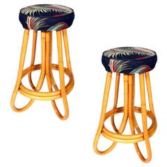 Restored Pair of Four Pole Bent Leg Rattan Bar Stool