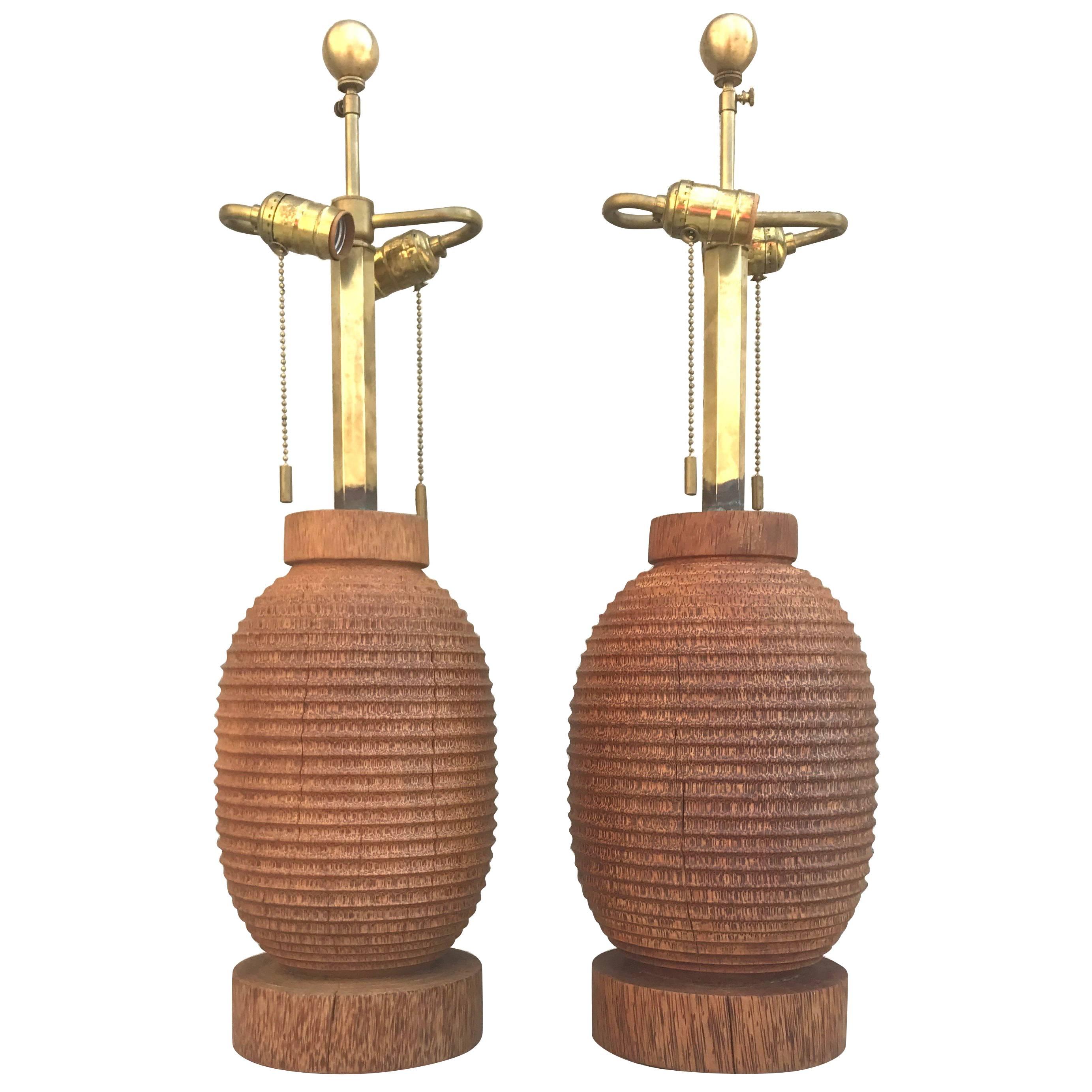 Fabulous Sculptural Pair of 1980s Angelo Donghia Turned Wood Table Lamps For Sale