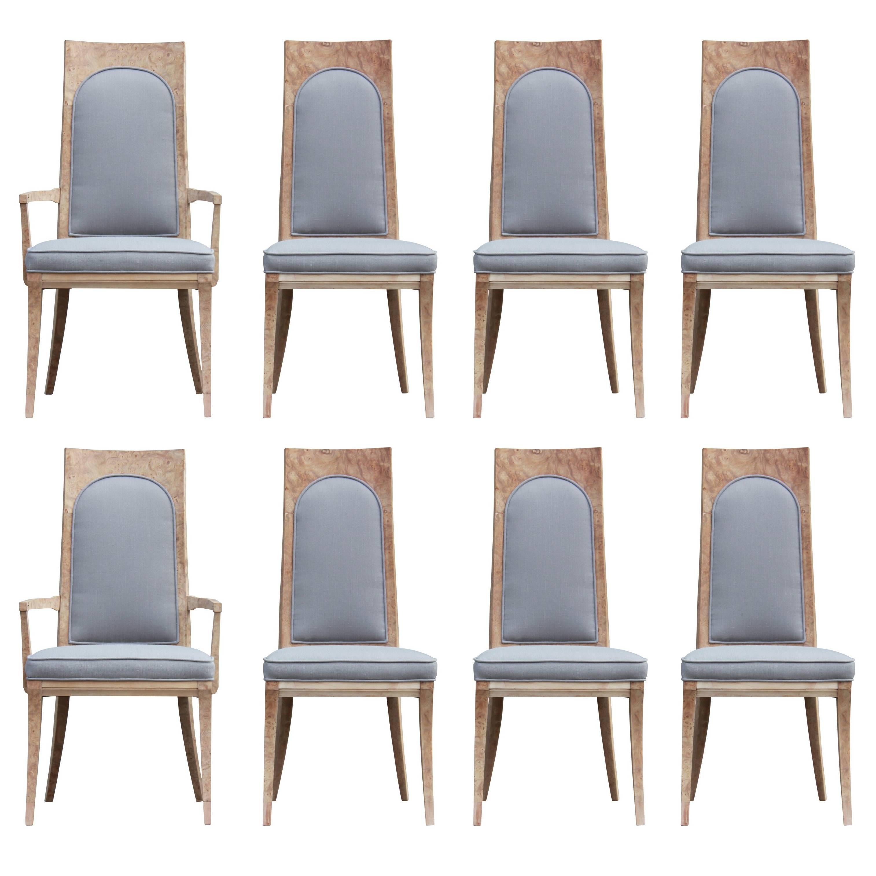 Modern Set of Eight Mastercraft Bleached Burl and Light Grey Dining Chairs