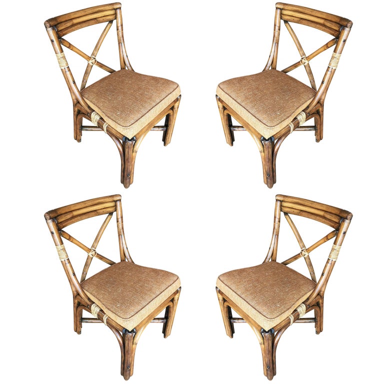 Restored Mid-Century Rattan Dining Side Chairs with "X" Back, Set of