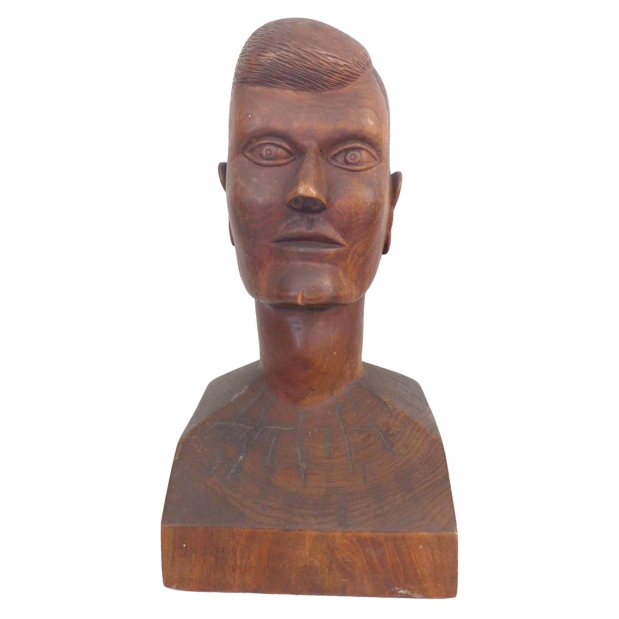 Folk Art Carved Wood Head For Sale