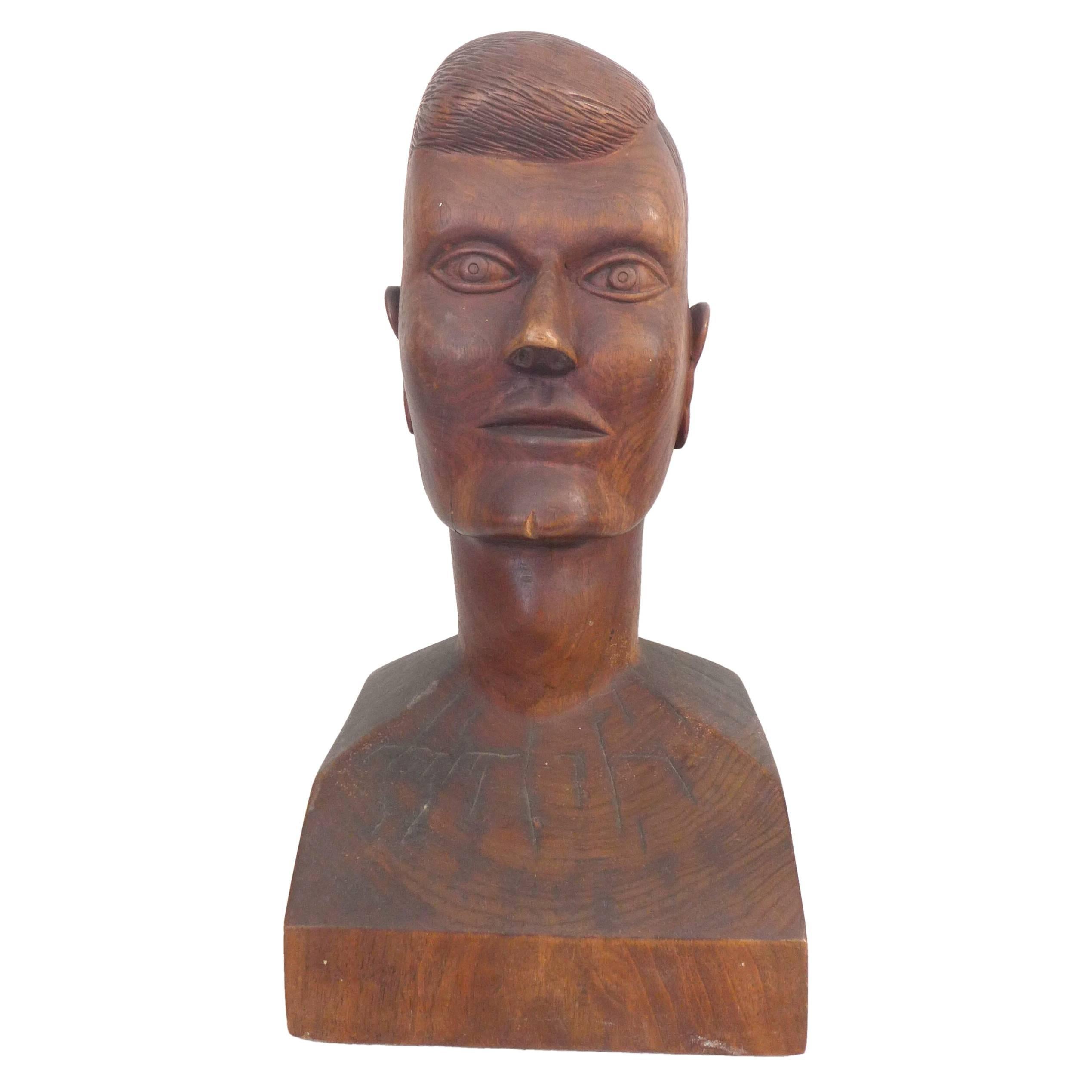 Folk Art Carved Wood Head For Sale at 1stDibs