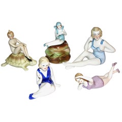 Vintage Italian 1930 Art Deco Ceramic Female Figurines in Colored Stripes Bathing Suit