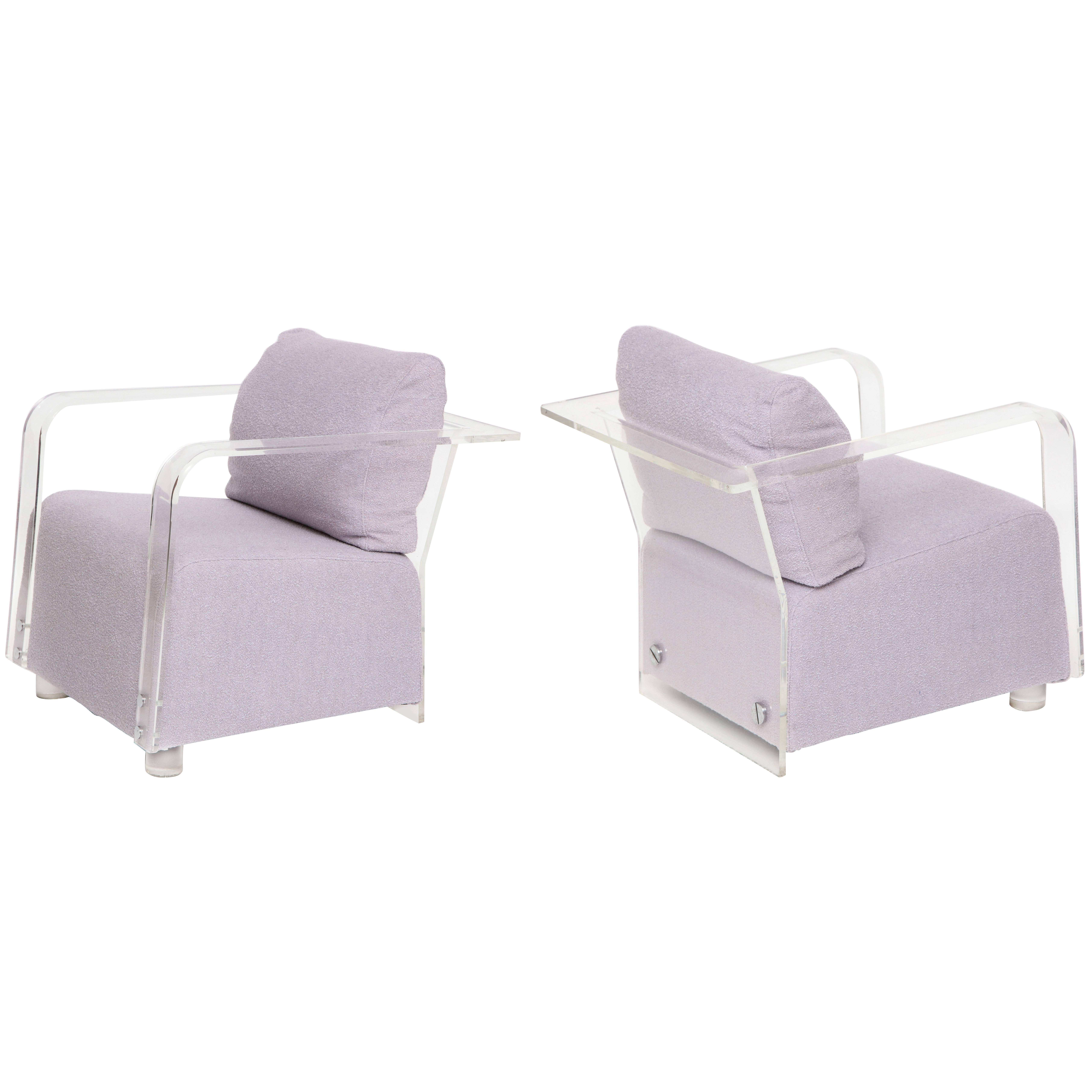 Sculptural Lucite Lavender Boucle Pair of Lounge Chairs Chrome Detail, France