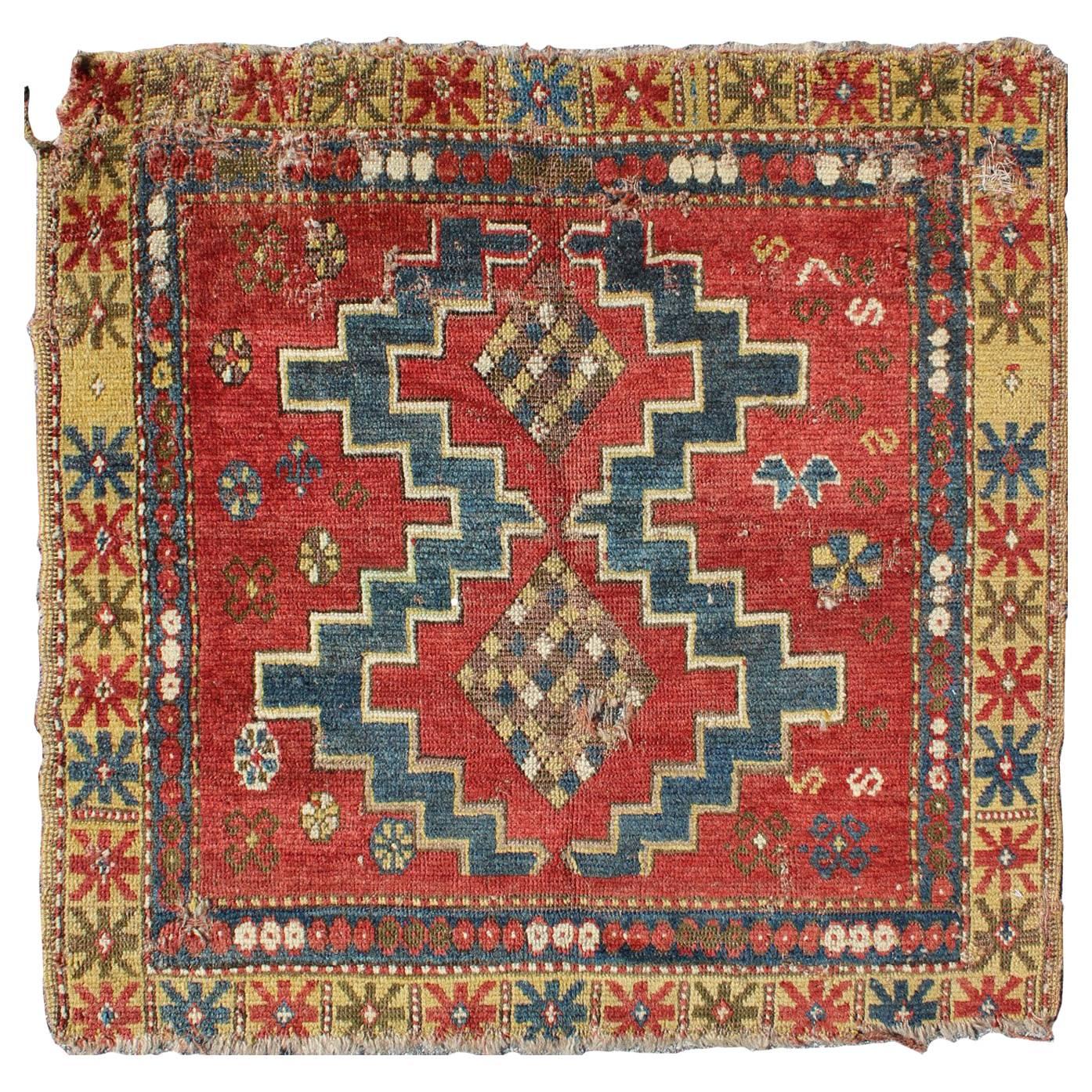 Square-Shaped Antique Caucasian Rug with Dual Medallions and Tribal Motifs
