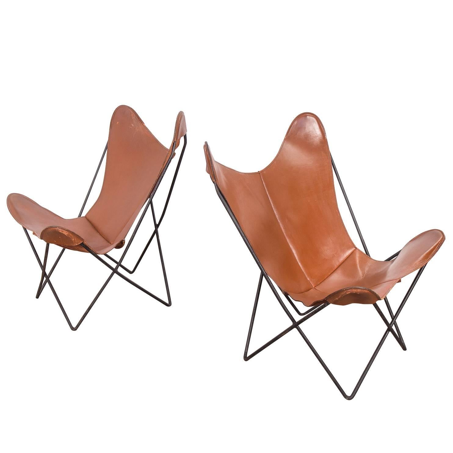 Pair of Tabacco Brown Hardoy Butterfly BKF Chairs for Knoll