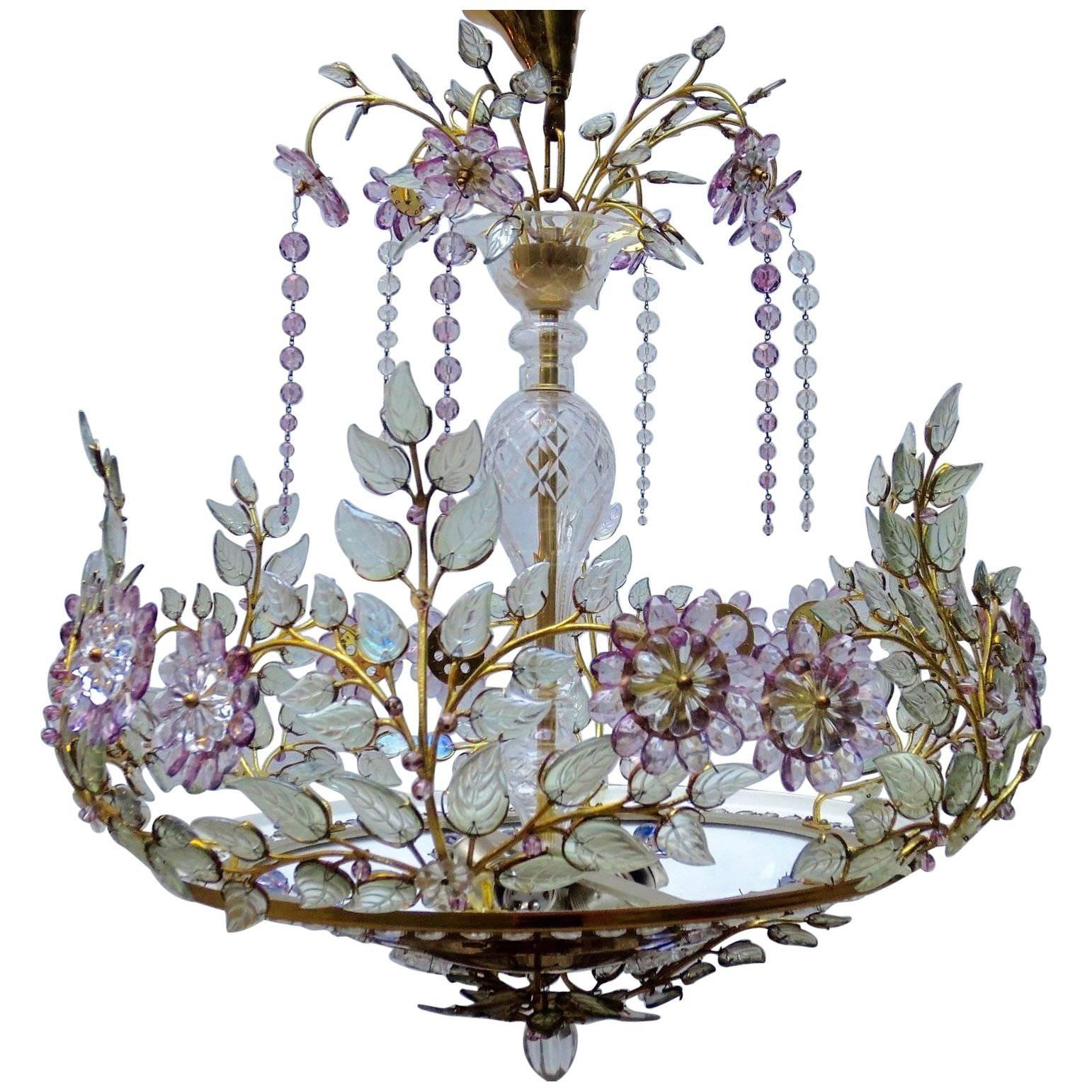 Amazing and absolutely rare six -light flower chandelier by Maison Bagues, France, circa 1950s.
Beautiful colorful violet , green iridescent cut glass/ crystal and gilt brass/metal.
Socket: Six x Edison (e27) for standard screw bulbs.
Very good