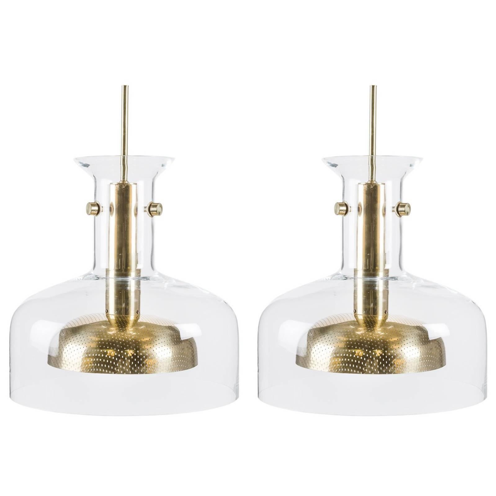 Pair of Pendants in Glass and Brass by Anders Pehrson for Ateljé Lyktan