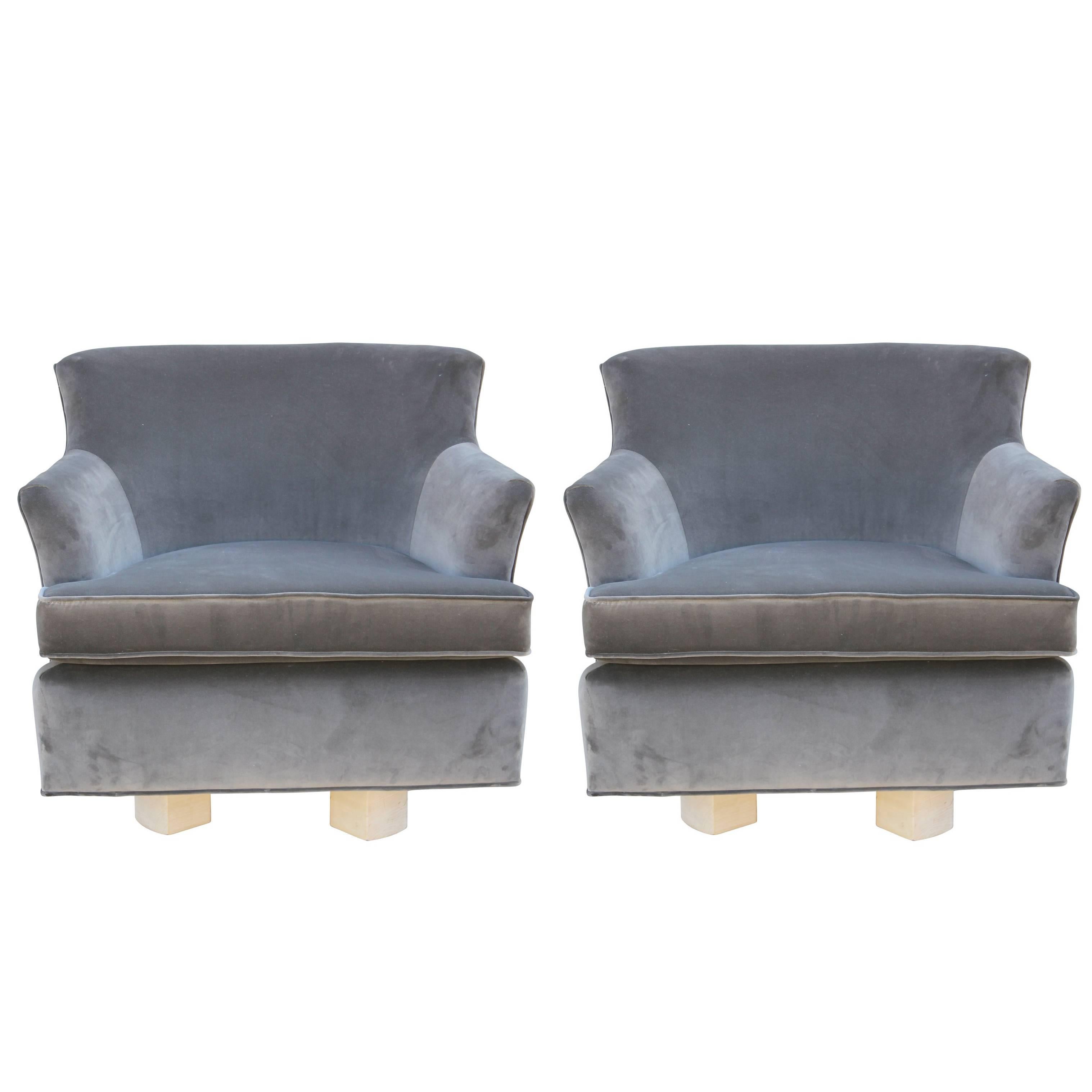 Pair of Modern Grey Velvet Swivel Lounge Chairs with Bleached Wood Base