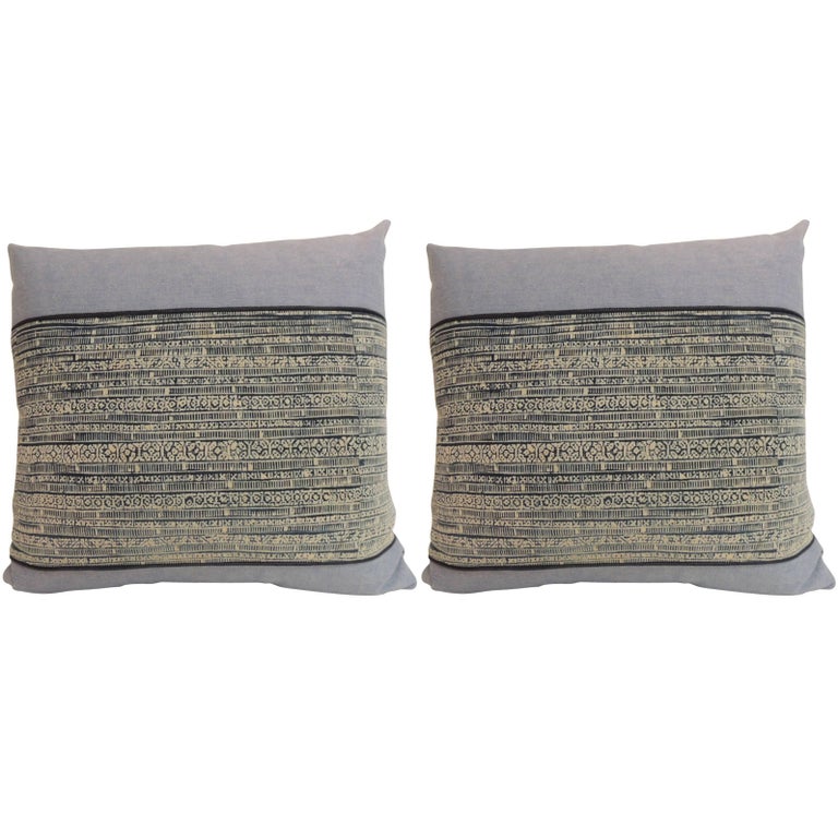 Pair of Vintage Ikat Blue and Natural Decorative Pillows For Sale at 1stdibs