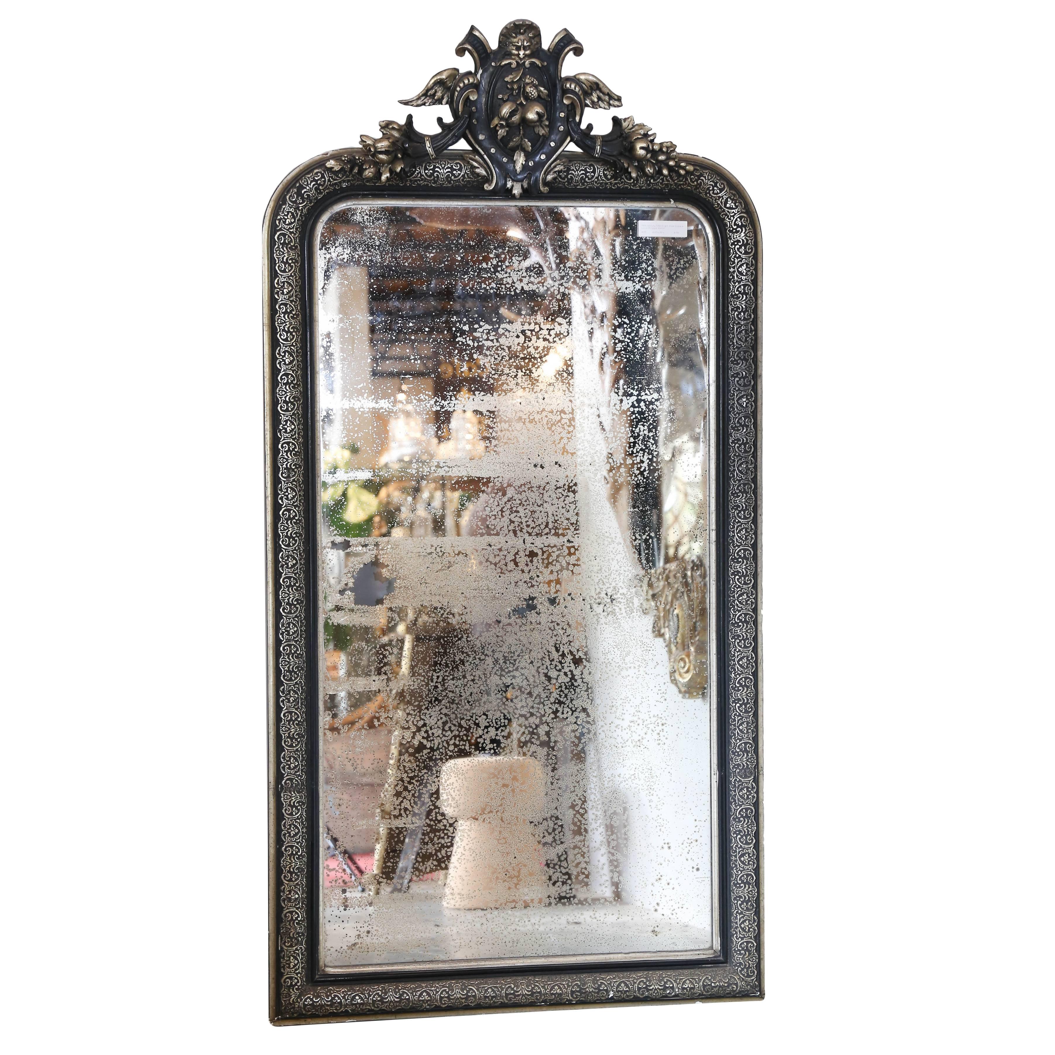 19th Century Black and Gilt Louis Philippe Mirror with Pomegranate Decoration