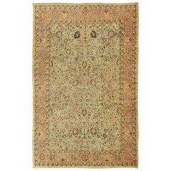 Vintage Persian Tabriz Rug, Intricate Floral Design in Light Green and Salmon