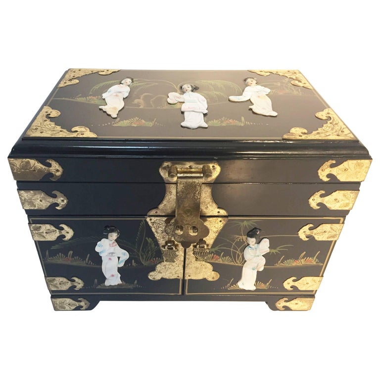 Black Lacquered Chinese Jewelry Box with MotherofPearl Overlay at 1stDibs