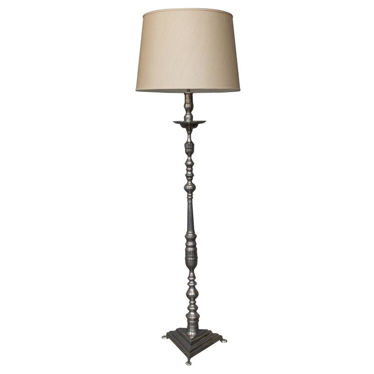 French NickelPlated Bronze Floor Lamp with Triangular Base For Sale at