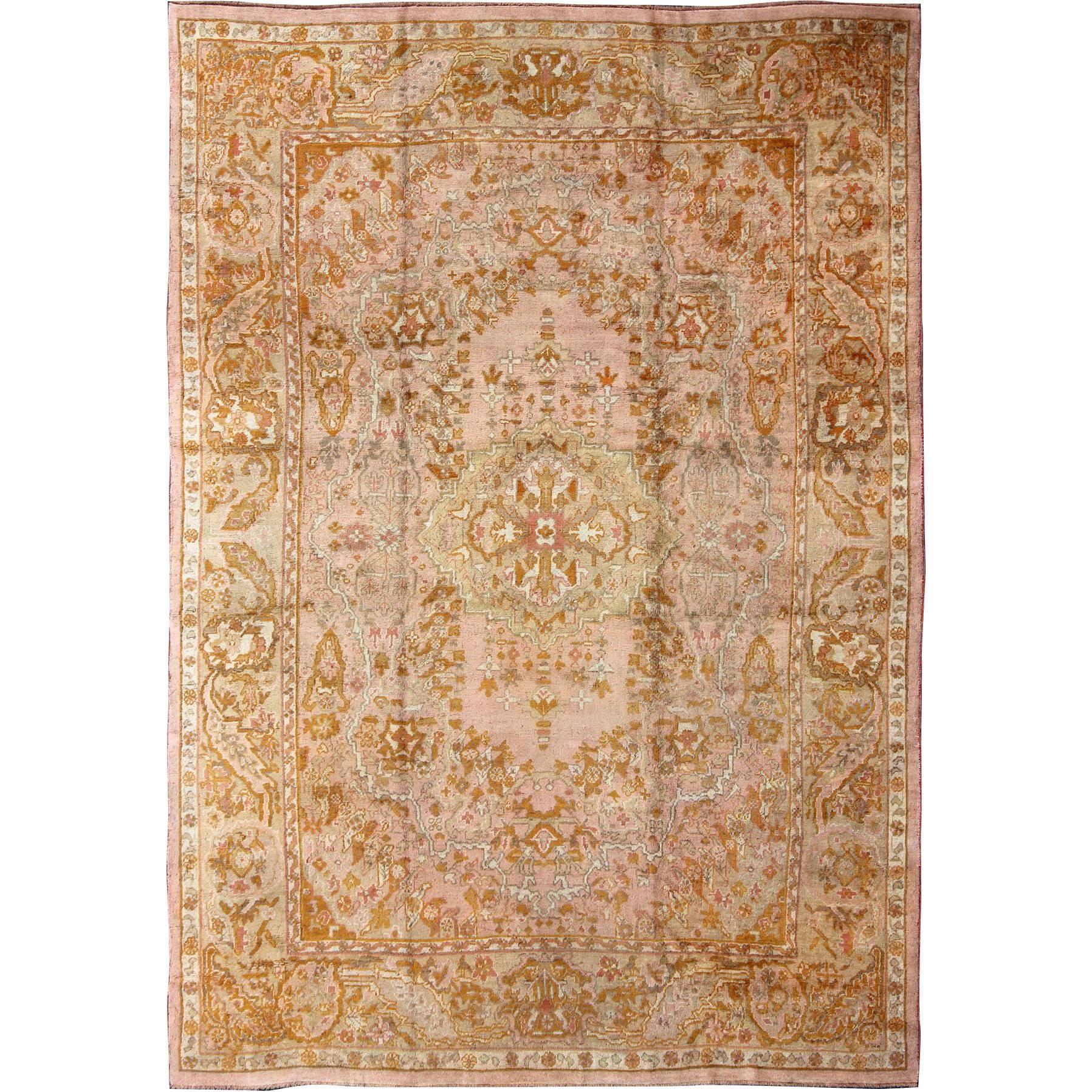 Antique Oushak Rug with Floral Pattern in Pink, Orange and Light Green 