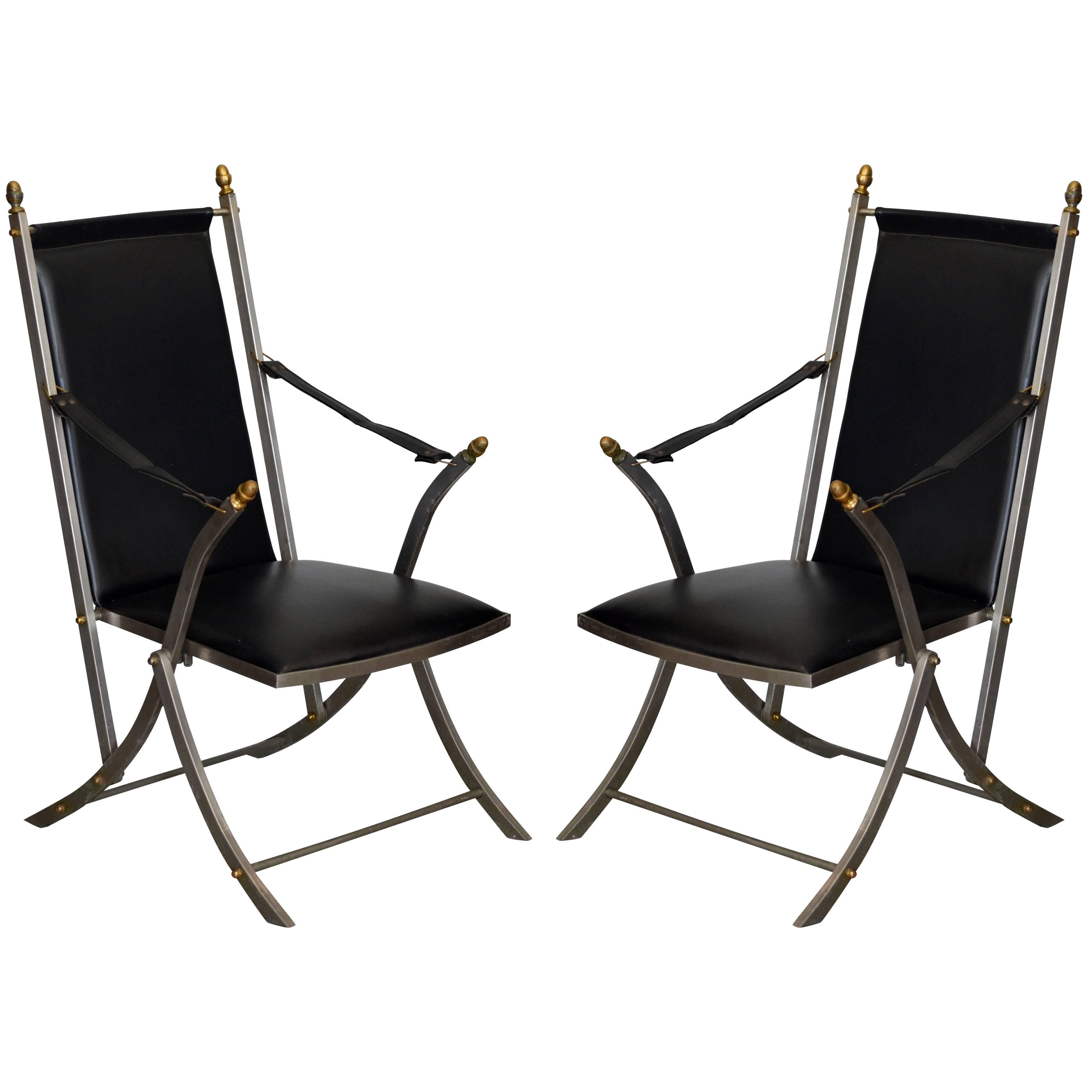 Pair of Chic Folding Campaign Armchairs in the Style of Maison Jansen For Sale