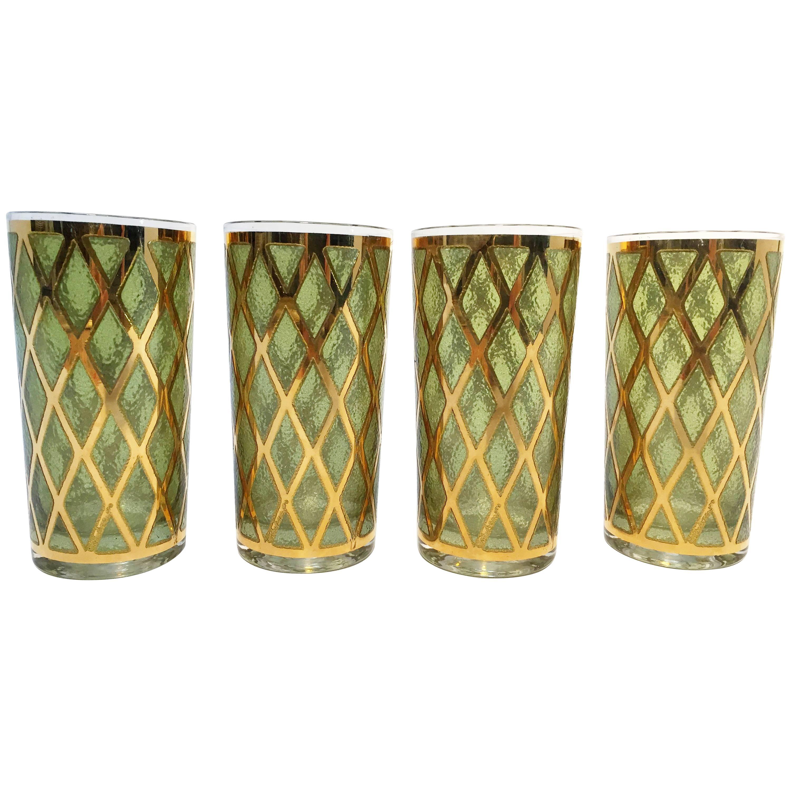 Set of Four Midcentury Green and Gold Vintage Culver Glasses, circa 1960