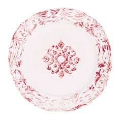 Hand Printed Red and White Floral Dinner Plates, Set of Four