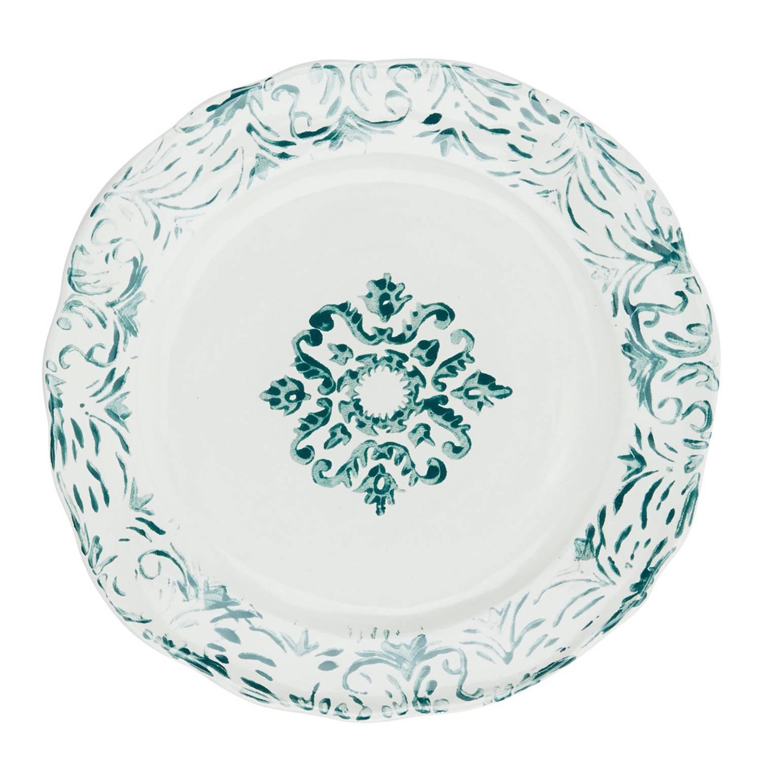 Hand Printed Green and White Floral Dinner Plates, Set of Four For Sale